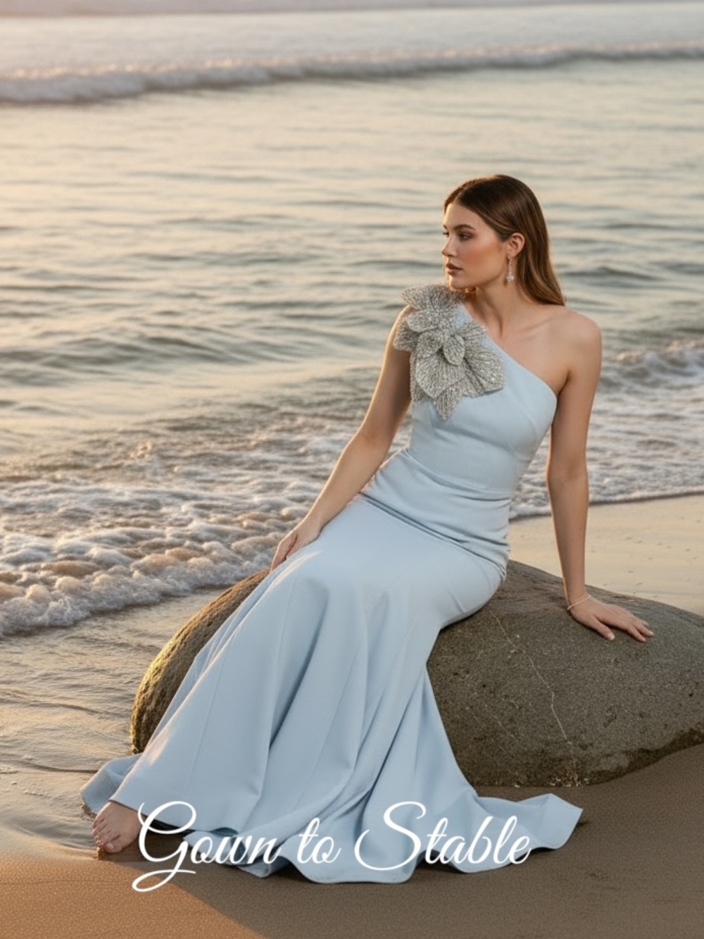 Mac Duggal Blue Crepe One Shoulder Gown With Crystal Flower